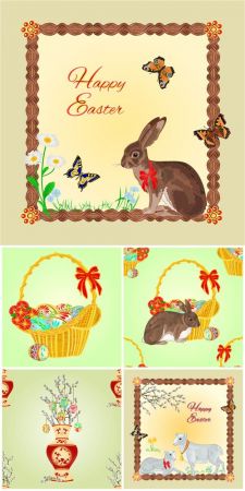 Easter bunny and basket with Easter eggs in vector