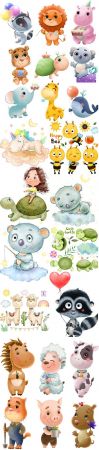 Watercolor illustration cute beautiful girl and funny animals