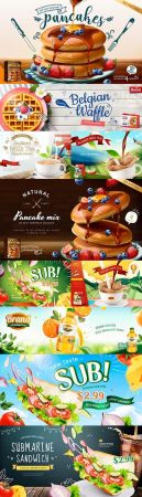 Sandwich and pancakes with fresh fruit 3d style design banner