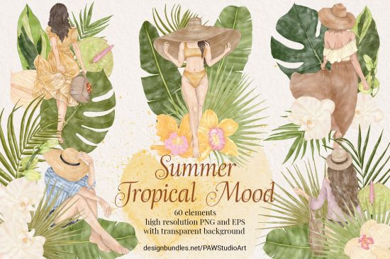 Summer Fashion Girls Clipart Tropical Flowers Leaves - 1343019