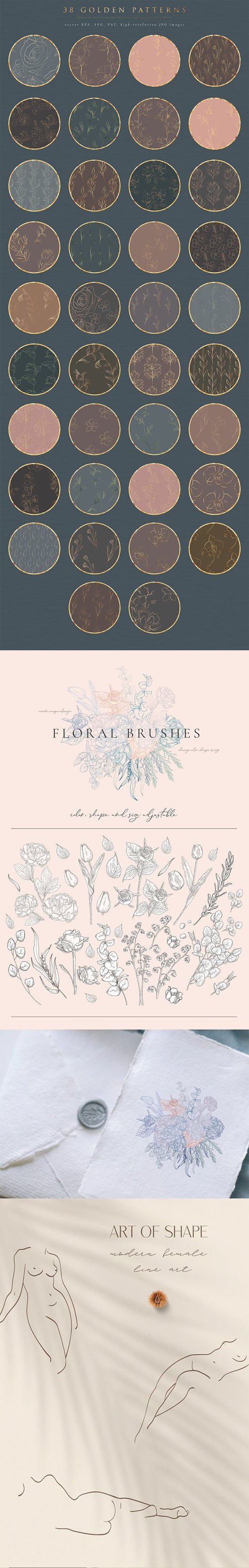 Line Art Bundle - Floral Graphic Templates - 12 Sets IN 1