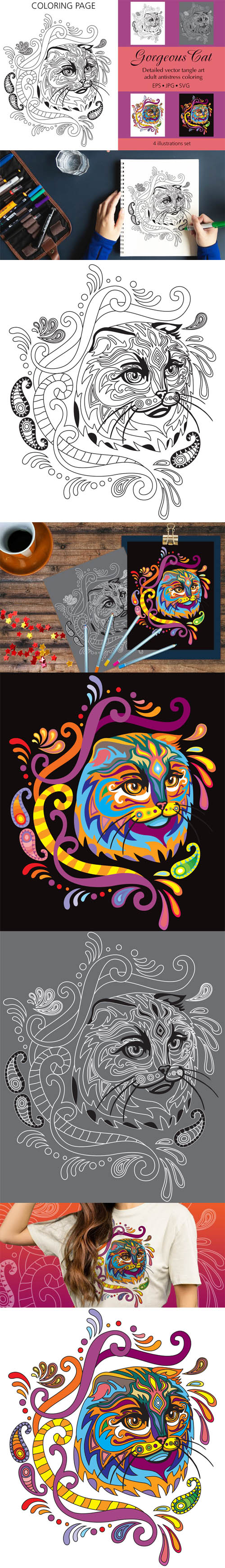 Gorgeous Cat - Detailed Vector Tangle Art - Adult Antistress Coloring