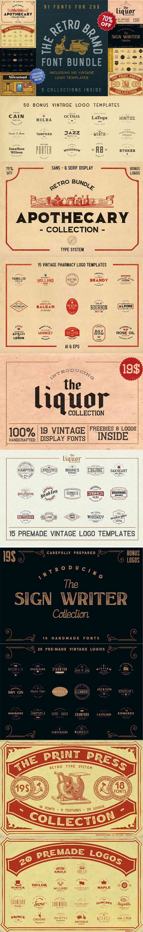 The Retro Brand Font Bundle [91 Fonts] + 140 Vintage Logo Templates