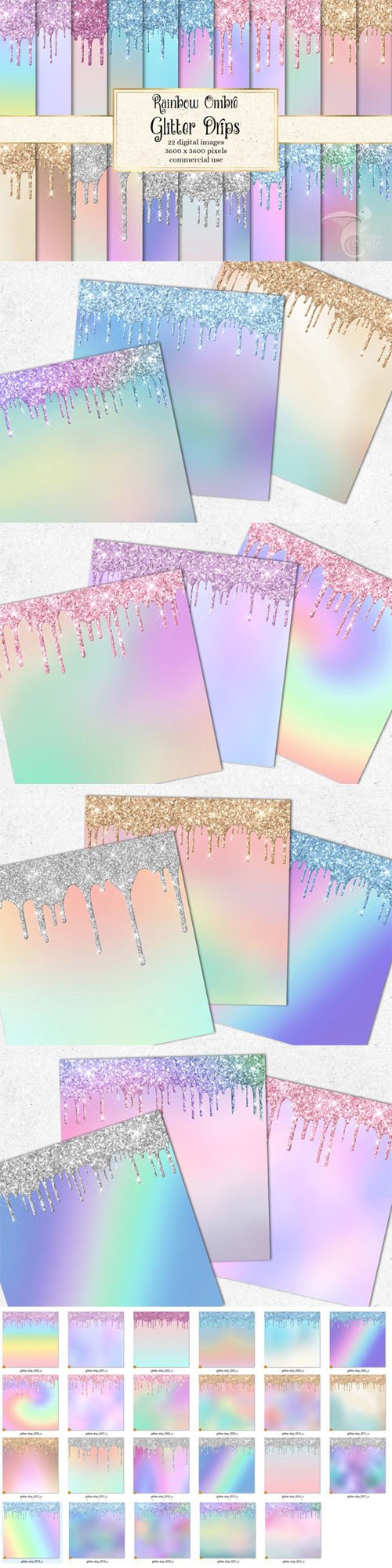 Rainbow Glitter Drips Digital Paper Collection