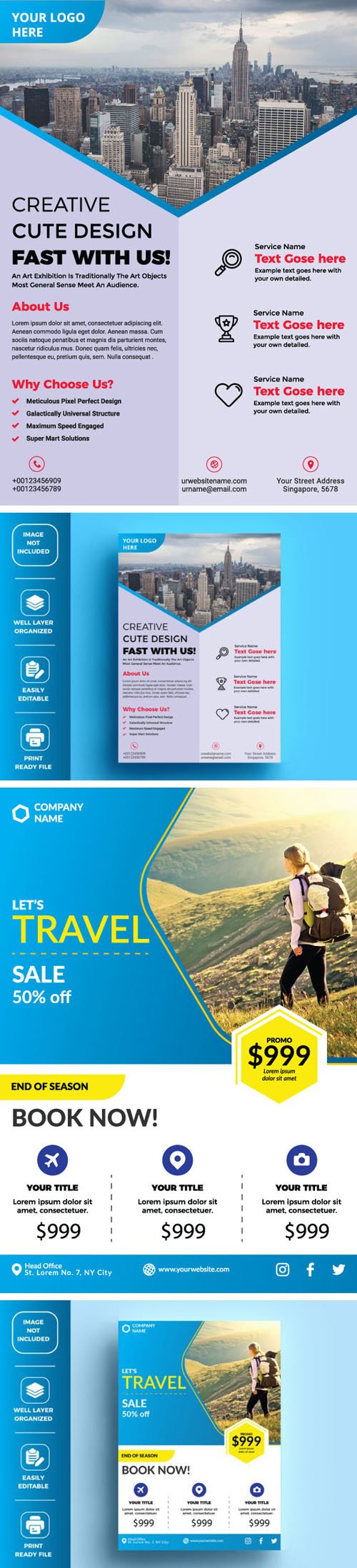 Two Corporate Business + Travel Flyers Vector Design Templates