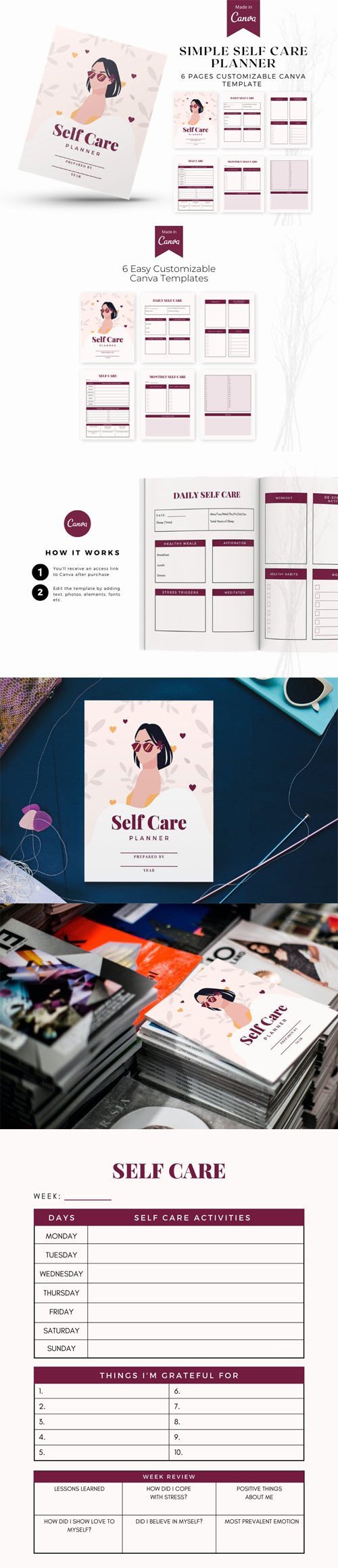 Self Care Planner Printable Templates Download Vector Graphic for