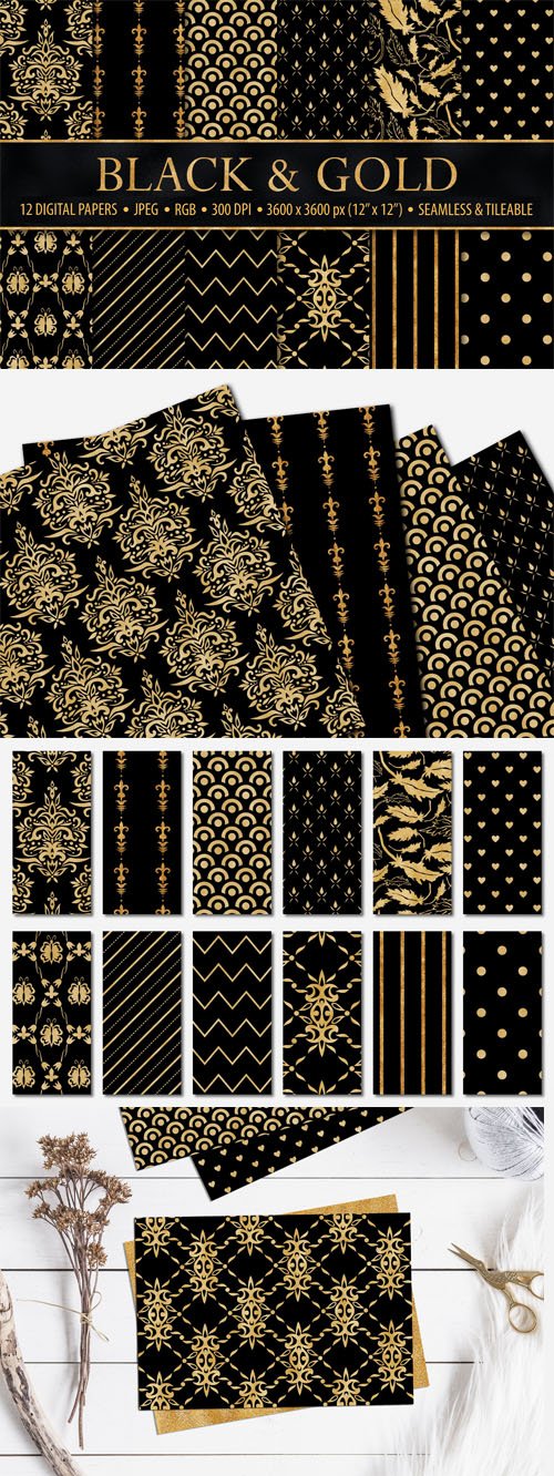 Black & Gold Seamless Textures - Geometric and Damask Patterns