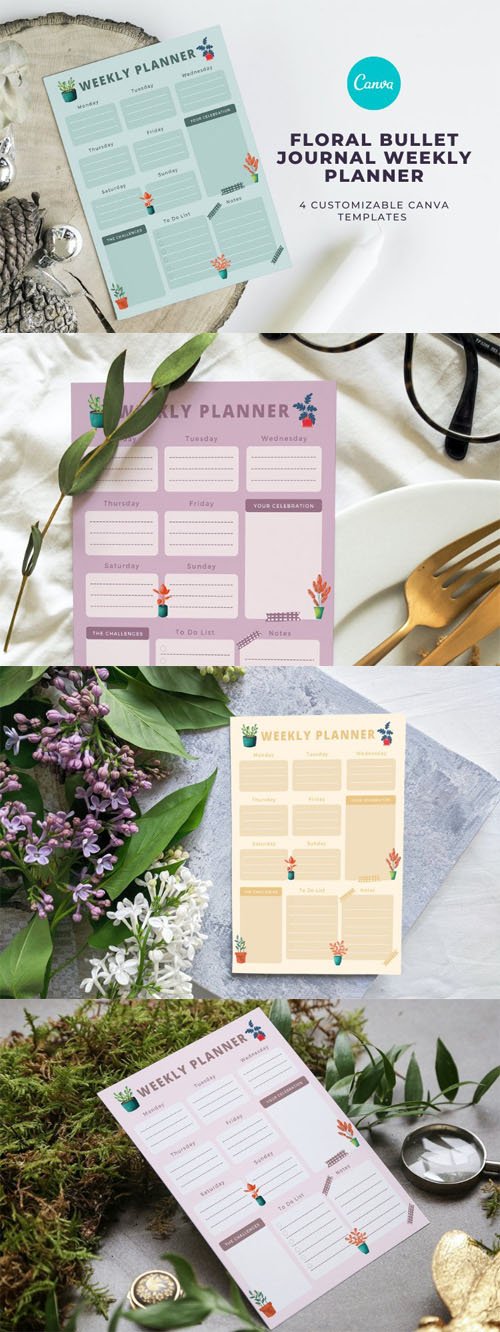 4 Floral Journal Weekly Planner Templates