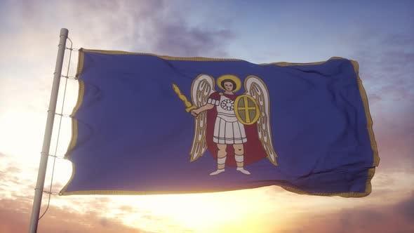 Videohive - Flag of Kyiv Capital City of Ukraine Waving in the Wind Sky and Sun Background - 36394461