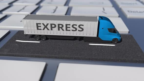 Videohive - EXPRESS Text on the Truck Driving on the Keyboard Key - 36407094