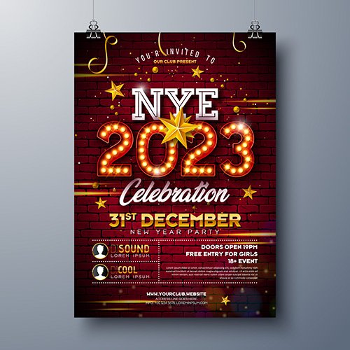 2023 new year party celebration poster template design with lights bulb marquee number and gold star