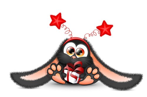 Cute fluffy black bunny in red star headband and gift box in his paws, chinese 2023 new year symbol
