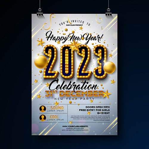 2023 new year party celebration poster template with lights bulb number and gold christmas ball