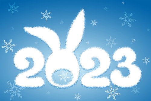 White cartoon winter 2023 new year number with rabbit tail and ears, chinese new year concept