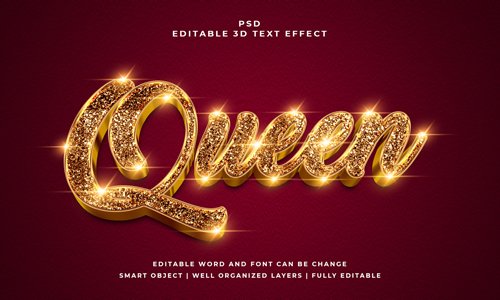 Queen editable psd 3d text effect premium with background