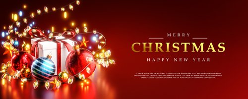 Banner card template dreamy box gift, christmas ball, gold christmas lights bokeh