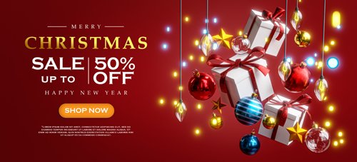 Christmas sale template, box, gift christmas ball, christmas lights bokeh