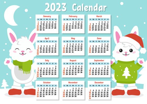 2023 Calendar with a cute character rabbit week starts on sunday fun and bright design cartoon style