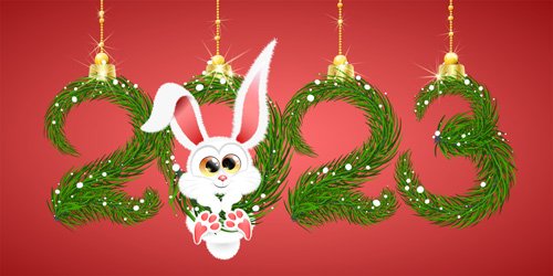 Cute fluffy white cartoon winter rabbit hanging in 2023 new year number