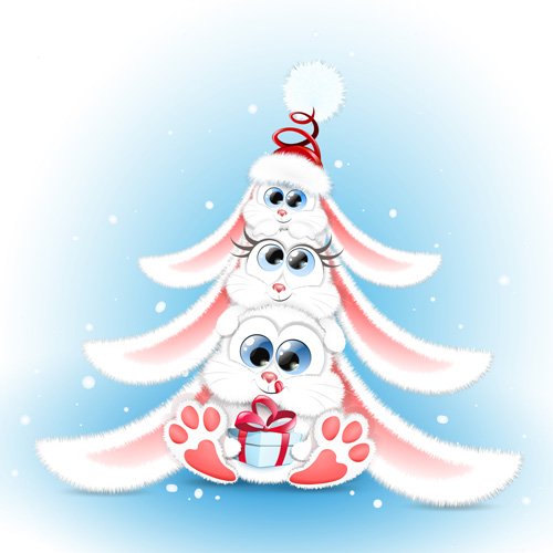 Cute fluffy cartoon white rabbit family sitting one on each other in christmas tree shape