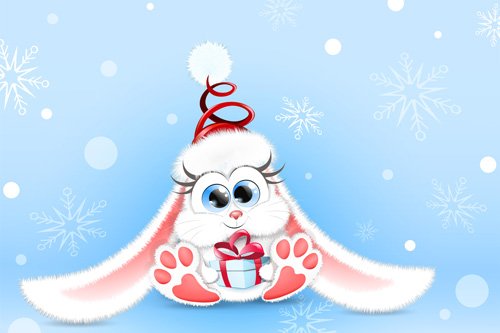 SAnet.st Cute fluffy cartoon white bunny in winter santa hat with little christmas gift box
