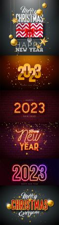 Happy new year 2023 illustration with gold ornamental ball and falling confetti on shiny background