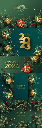 2023 Christmas background with winter nature and ornaments