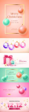 Happy new year and merry christmas banner, gift box christmas decorative design