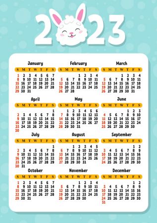 Beautiful Calendar for 2023 with a cute character rabbit