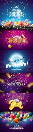 Merry christmas and happy new year illustration with colorful glass ball and intertwined tube