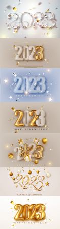 Happy new year 2023 golden numbers with ribbons and confetti