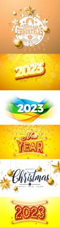 Merry christmas and happy new year illustration with gold glass ball star and typography elements