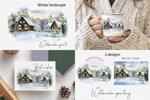 Winter Landscape - Printable Watercolor Poster Template - SoftArchive