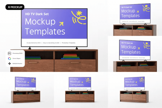 HD TV Dark Wooden Stand Mockup