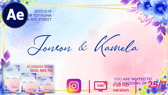 Videohive - 4 in 1 Floral Wedding Invitation Blue - 45696654