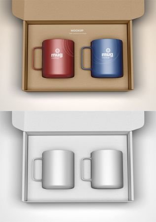 Mugs In Box Packaging PSD Mockup Template