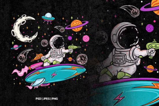 Astronaut Surfing In Outer Space Illustration