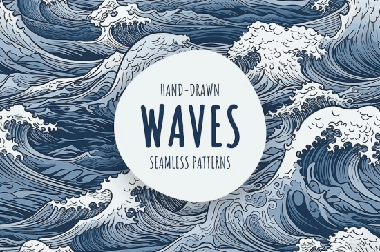 Hand-Drawn Line Art Surf Wave Seamless Patterns