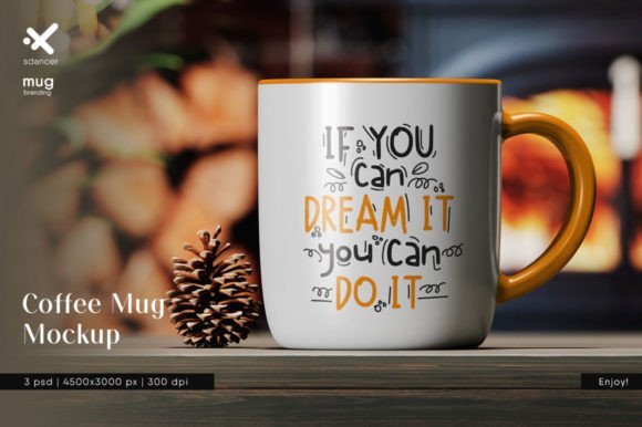 Coffee Mug on a Wooden Table Mockup - 26704481